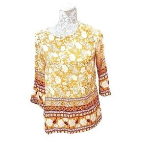 Emery Rose Floral 3/4 Sleeve W/ Birds Boho Top. Gold And Cream. Medium
